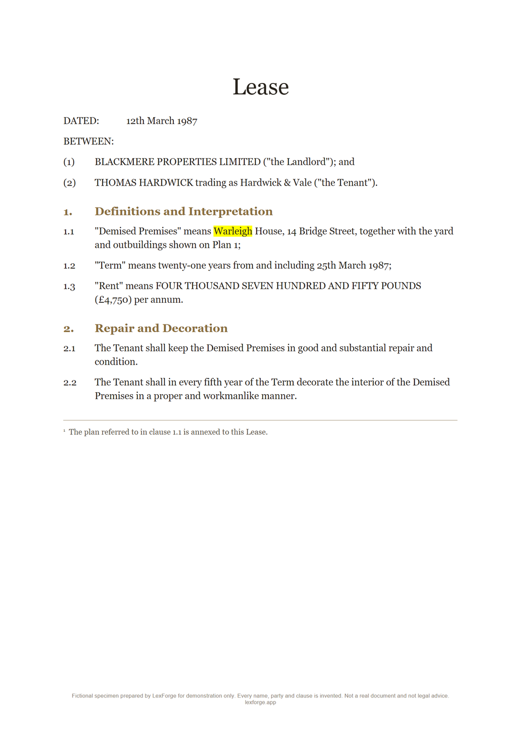 The same lease as an editable Word page in a serif house style: a title, two numbered clause headings, numbered definition and body paragraphs, a footnote, and the word Warleigh in clause 1.1 highlighted in yellow for review.
