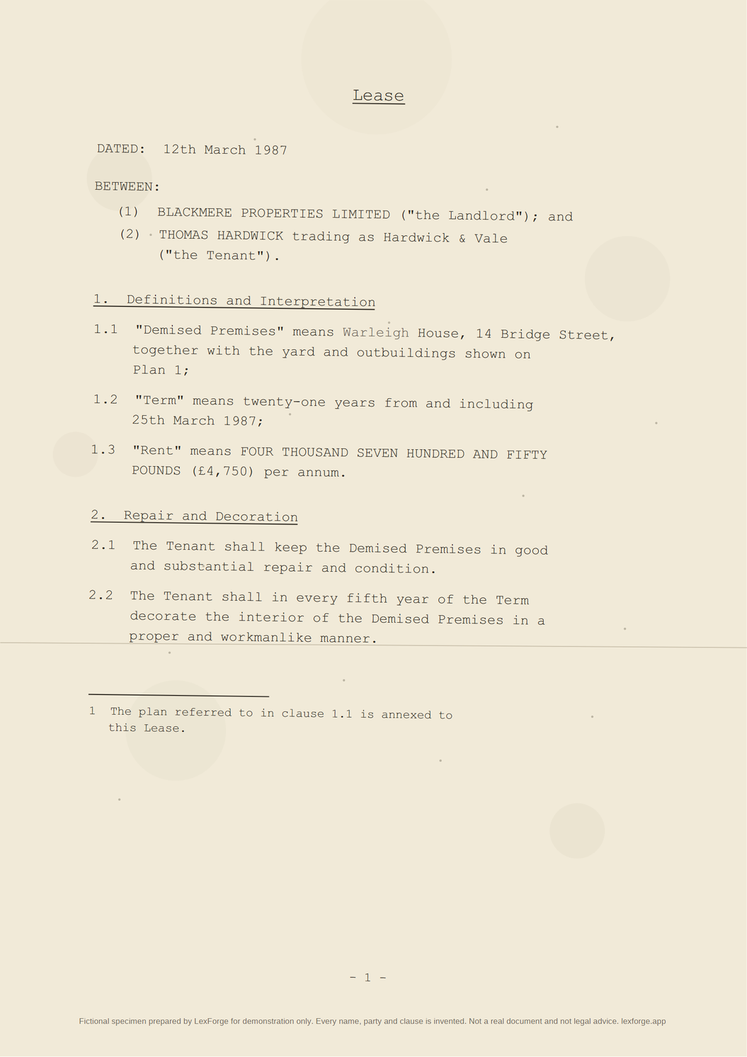 Scanned page of a typewritten 1987 lease: dated 12 March 1987 between Blackmere Properties Limited and Thomas Hardwick, with clauses 1 Definitions and Interpretation and 2 Repair and Decoration, a footnote, and the marks of a photocopy.